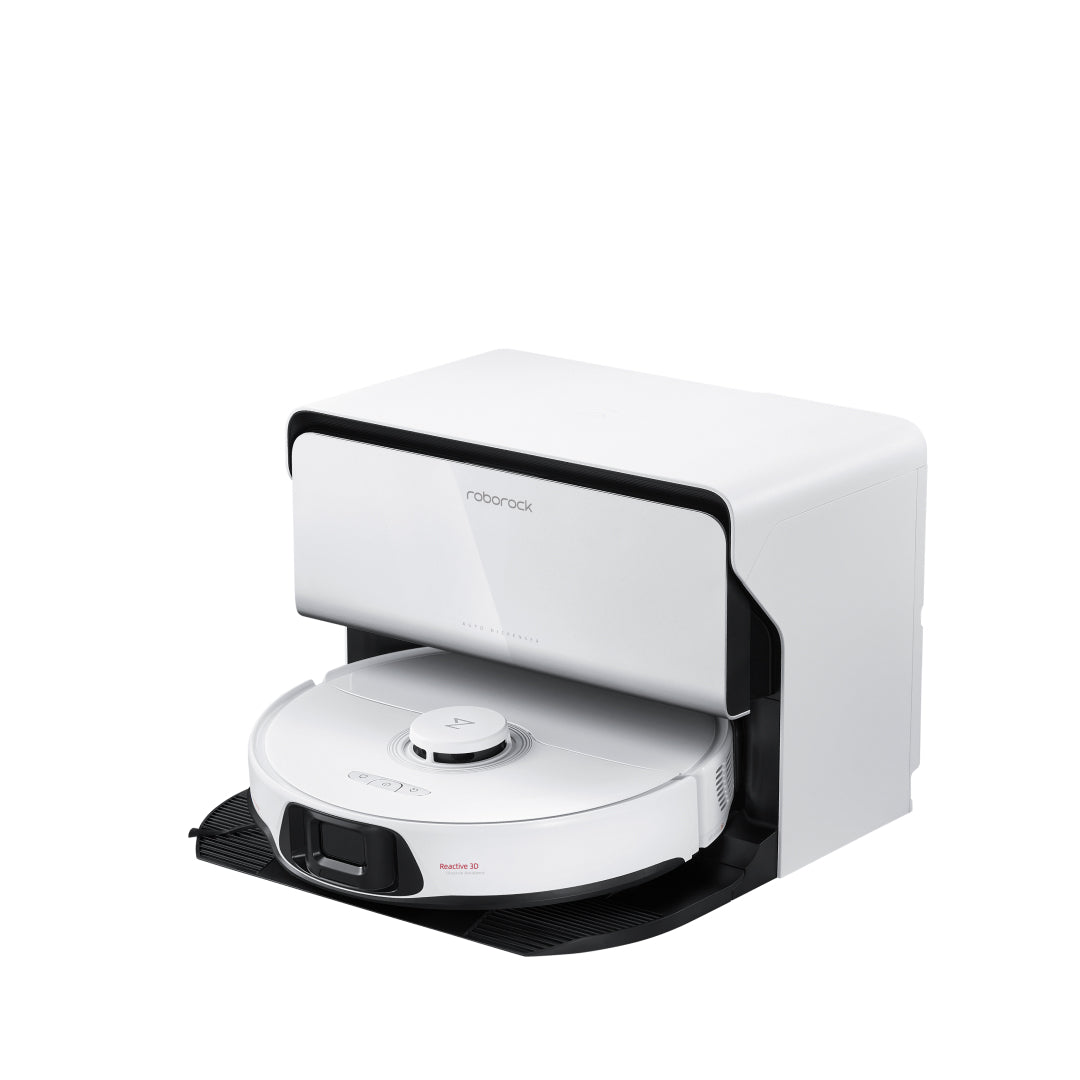 Manufacturer-rendered white Roborock S8 Max Ultra robot docked at the white refill-and-drain station