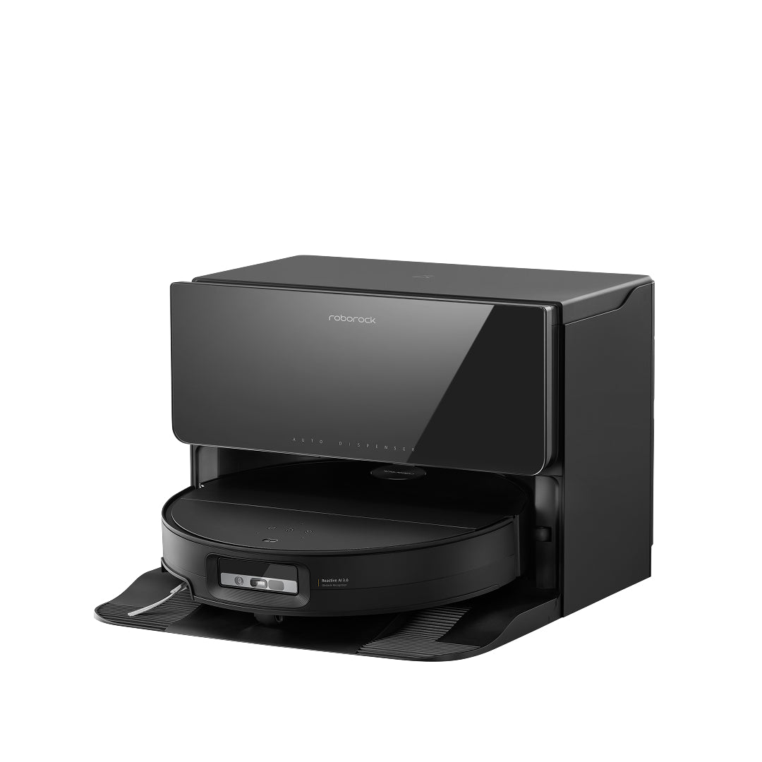 Roborock-rendered black Saros 10 robot and dock for the Refill & Drainage System package