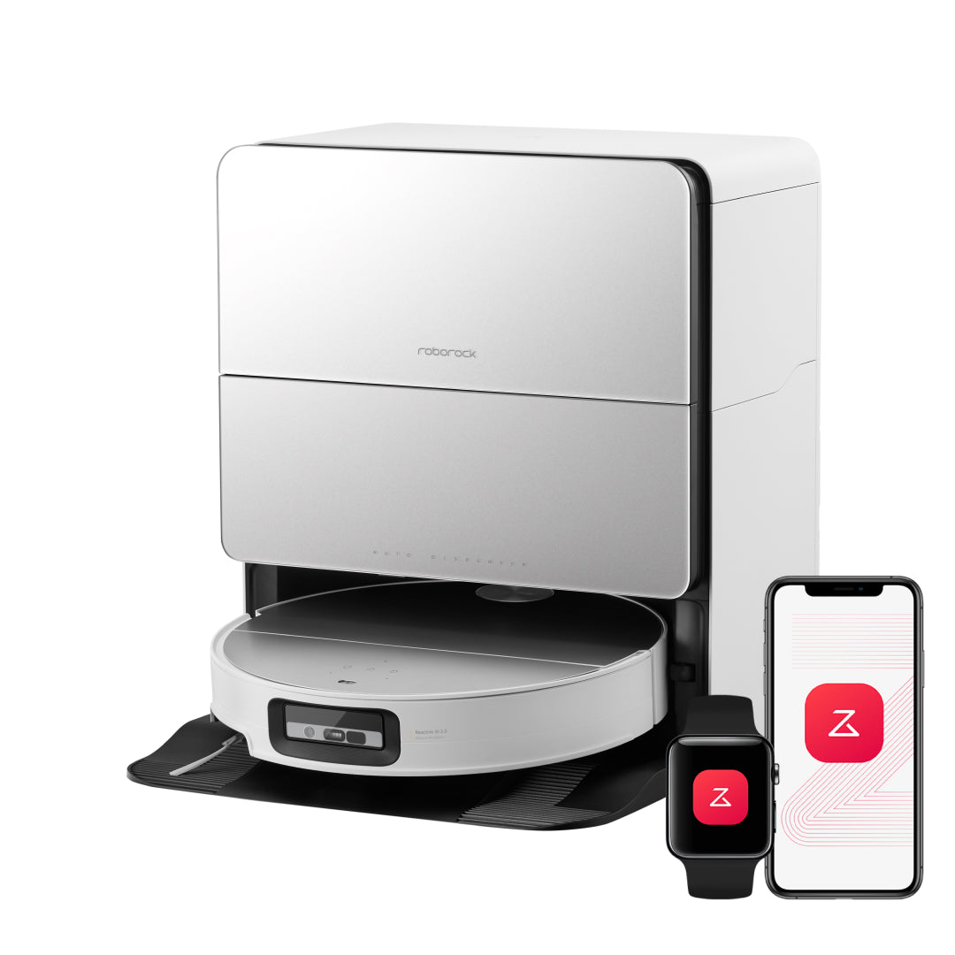 White Roborock Saros 10 robot and RockDock Ultra 2.0 with illustrative app phone and watch graphics; not an individual refurb unit condition photo.