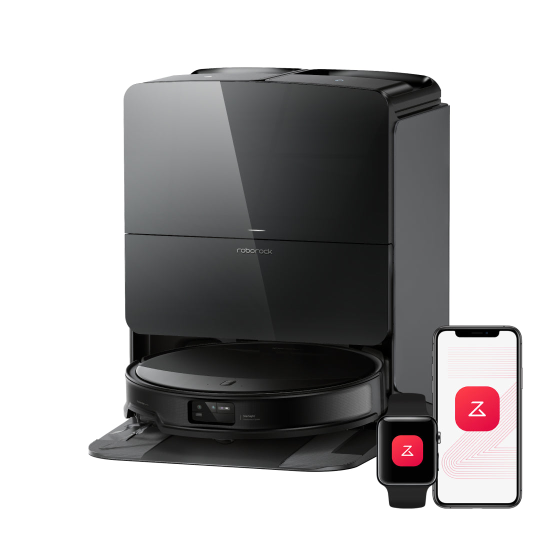 Manufacturer-rendered black Roborock Saros 10R robot with the standard Multifunctional Dock 4.0