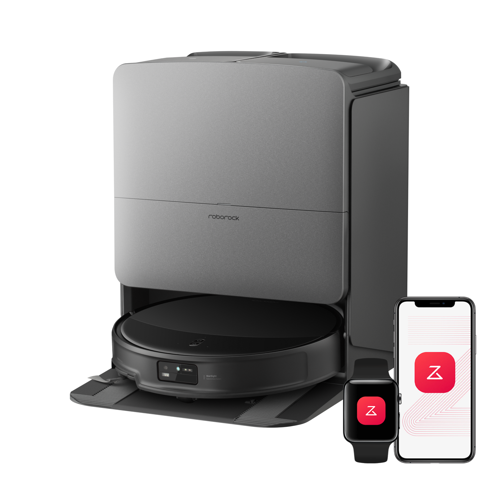 Roborock manufacturer-rendered Saros 20 robot and multifunction dock with illustrative app-device graphics.