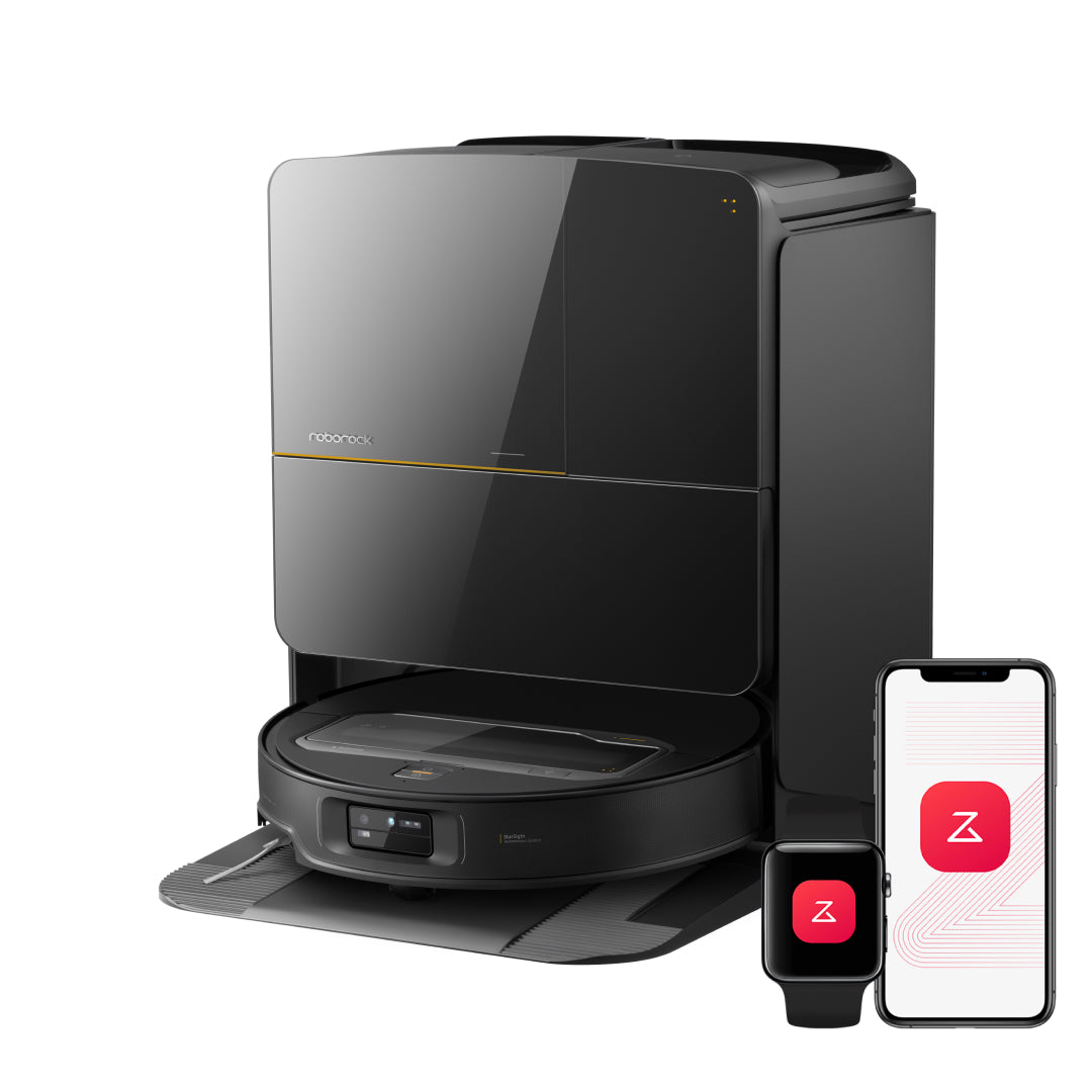 Manufacturer-rendered black Roborock Saros Z70 robot vacuum with matching Multifunctional Dock 4.0; phone/watch graphics are illustrative.