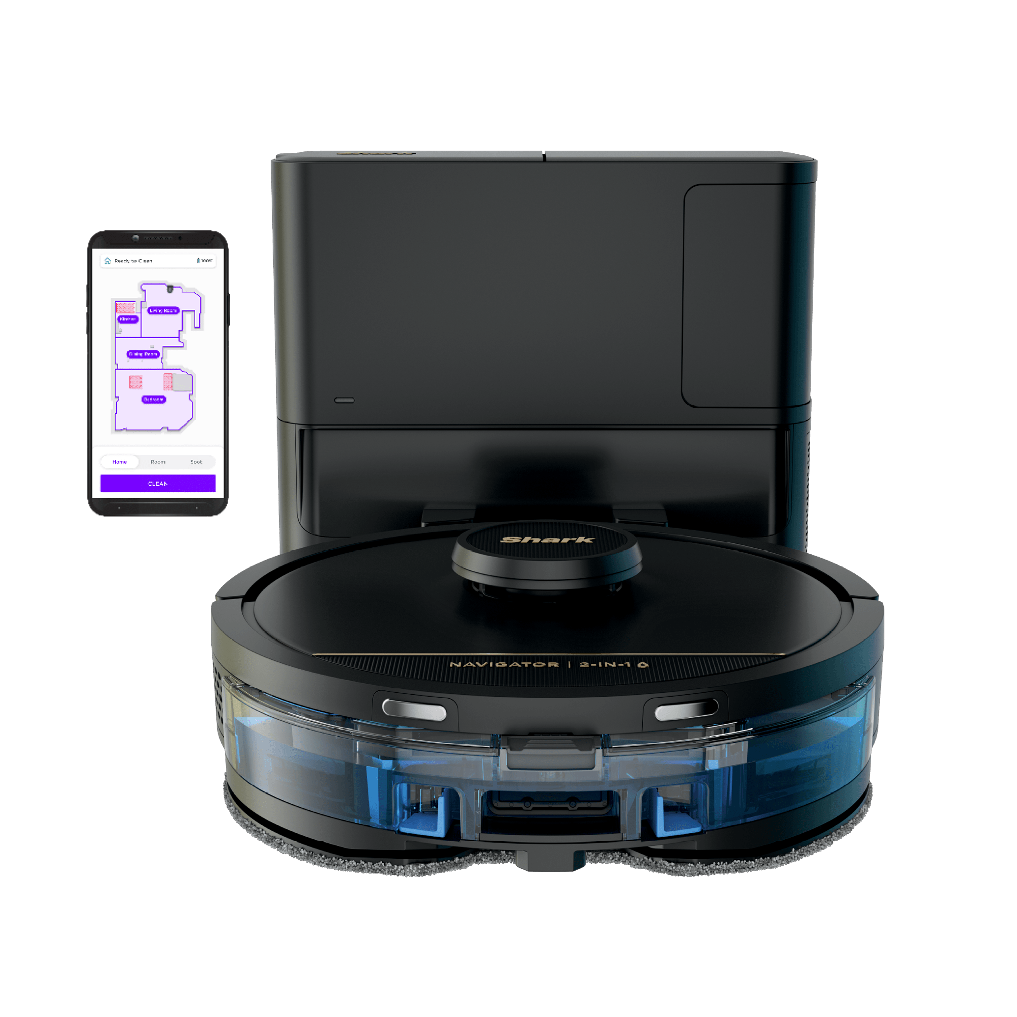 Black Shark Navigator 2-in-1 robot vacuum-mop RVA120E2 with matching Self-Empty Base; the phone map is illustrative.