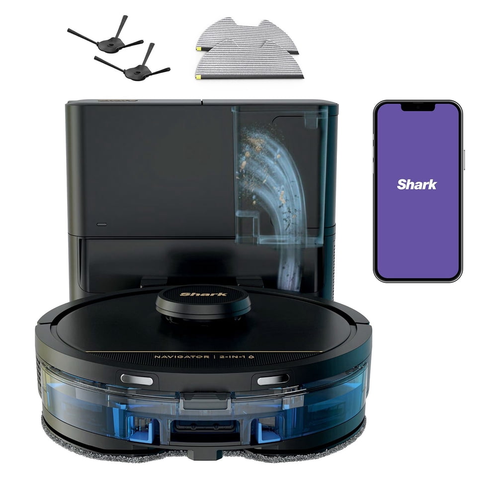 Sam’s Club listing image for the Shark Navigator 2-in-1 URA160S1 package, showing robot, dust base, side brushes and mop pads.