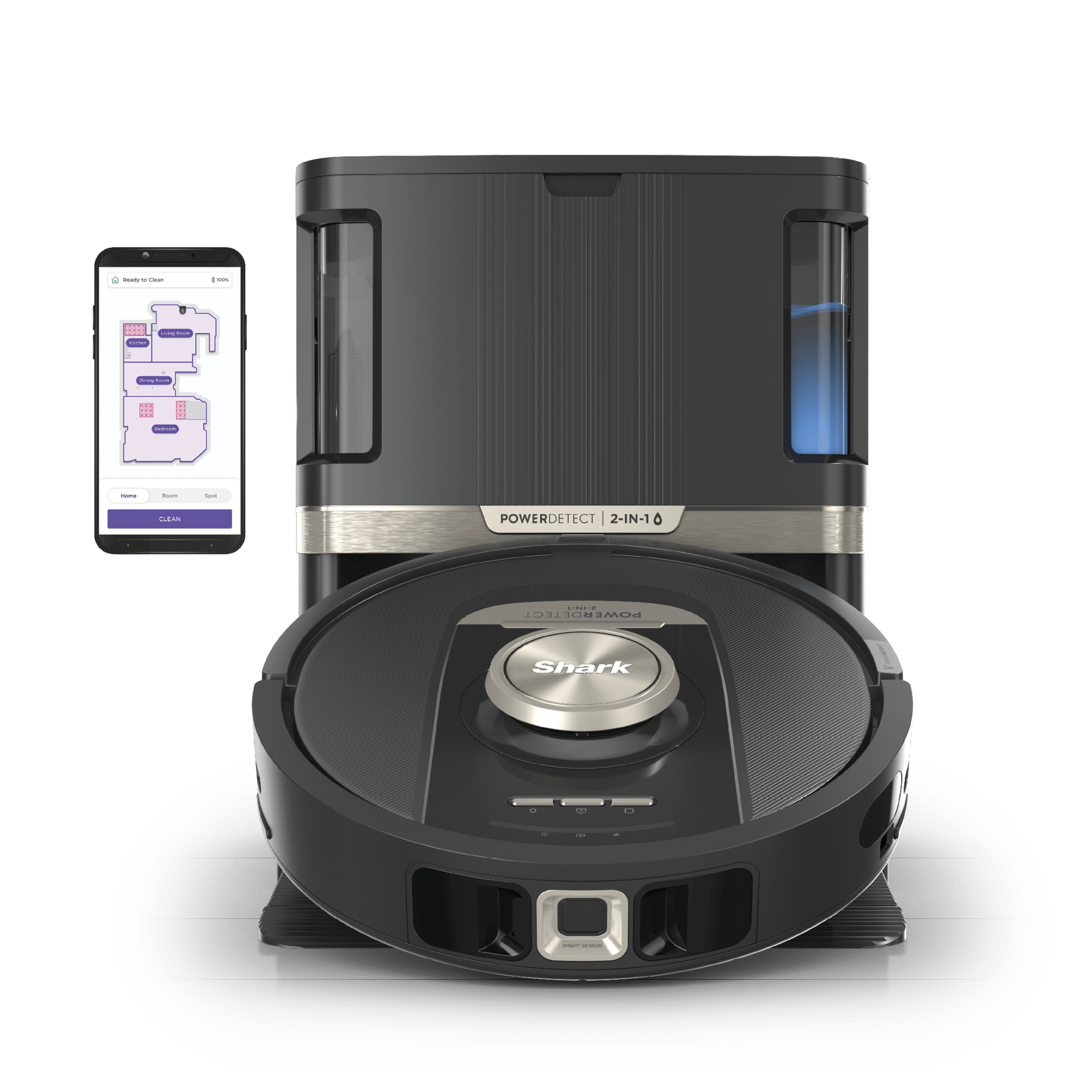 Black Shark PowerDetect NeverTouch Pro robot vacuum-mop RV2820ZE docked at its base with illustrative app-map phone, manufacturer render