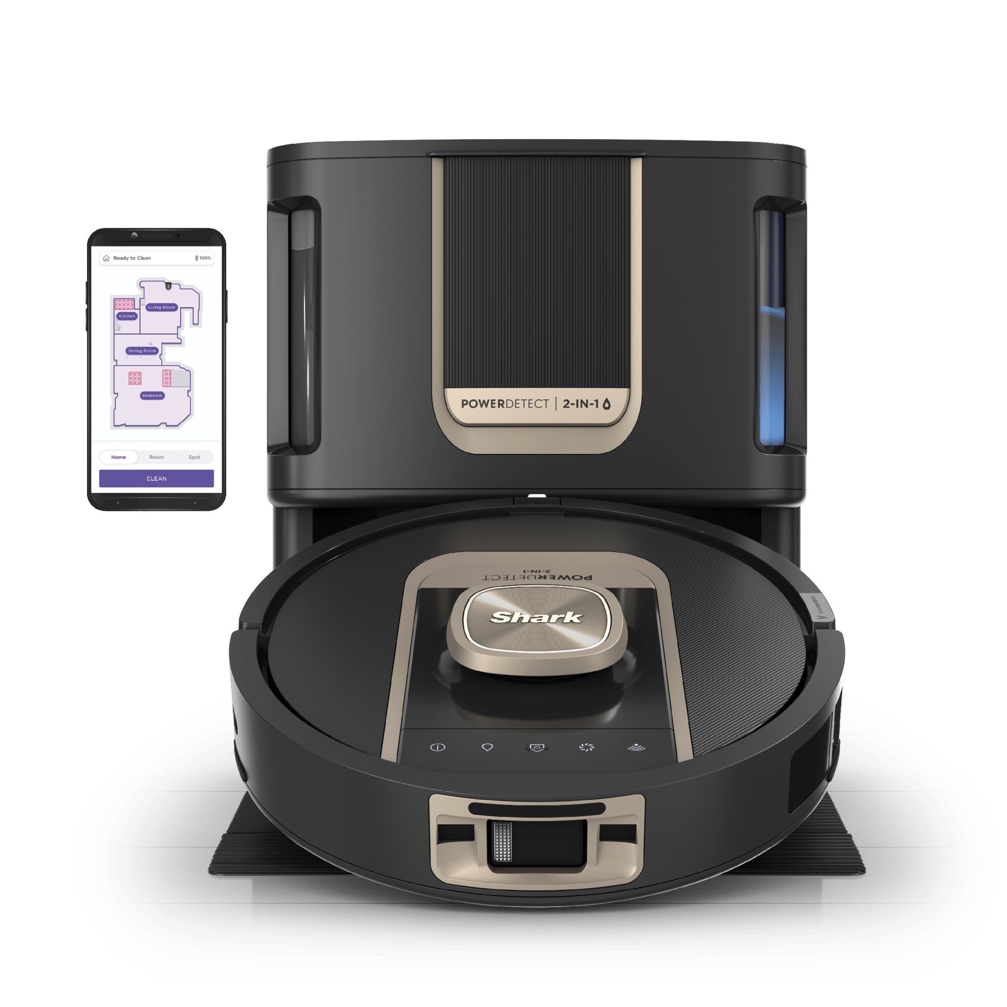 SharkNinja-rendered black RV2920XE robot vacuum and base; the phone map is illustrative