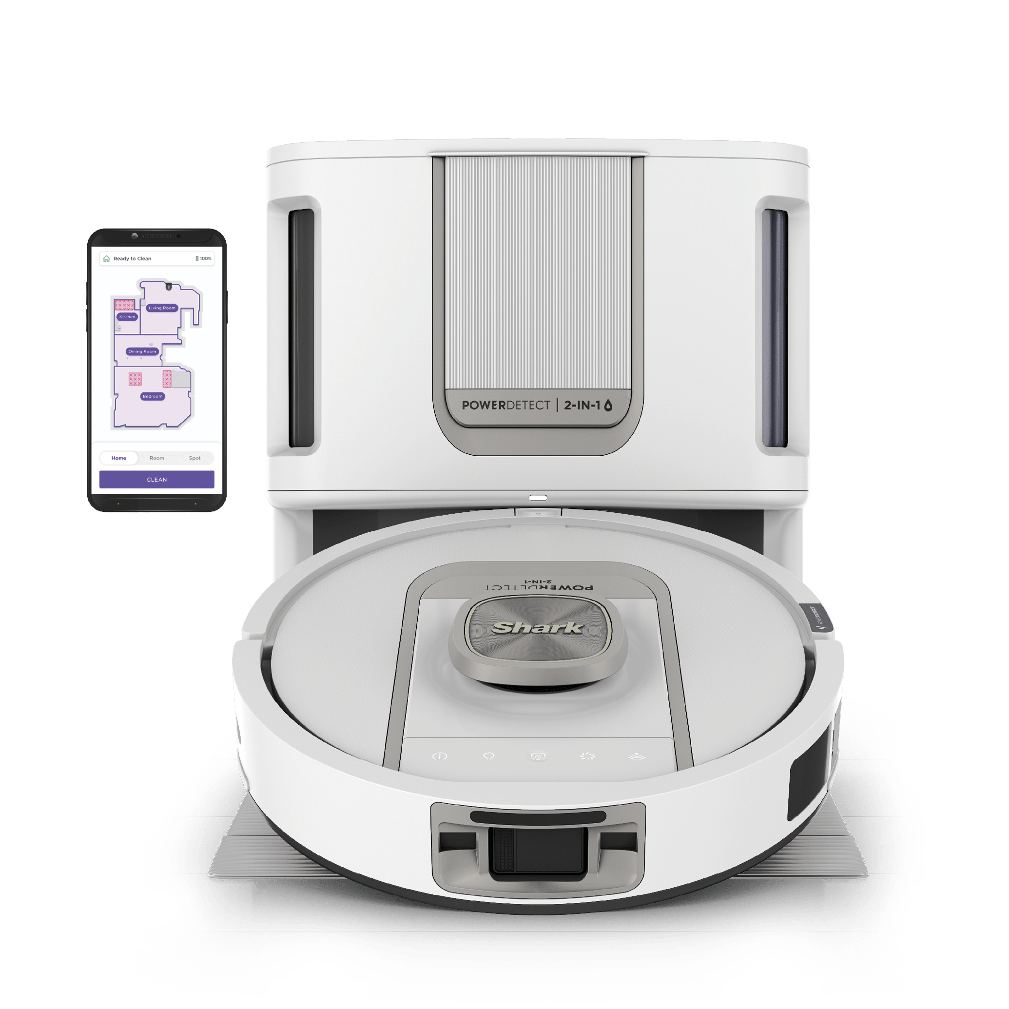 SharkNinja-rendered white RV2930XE robot vacuum and ThermaCharged base; the phone map is illustrative