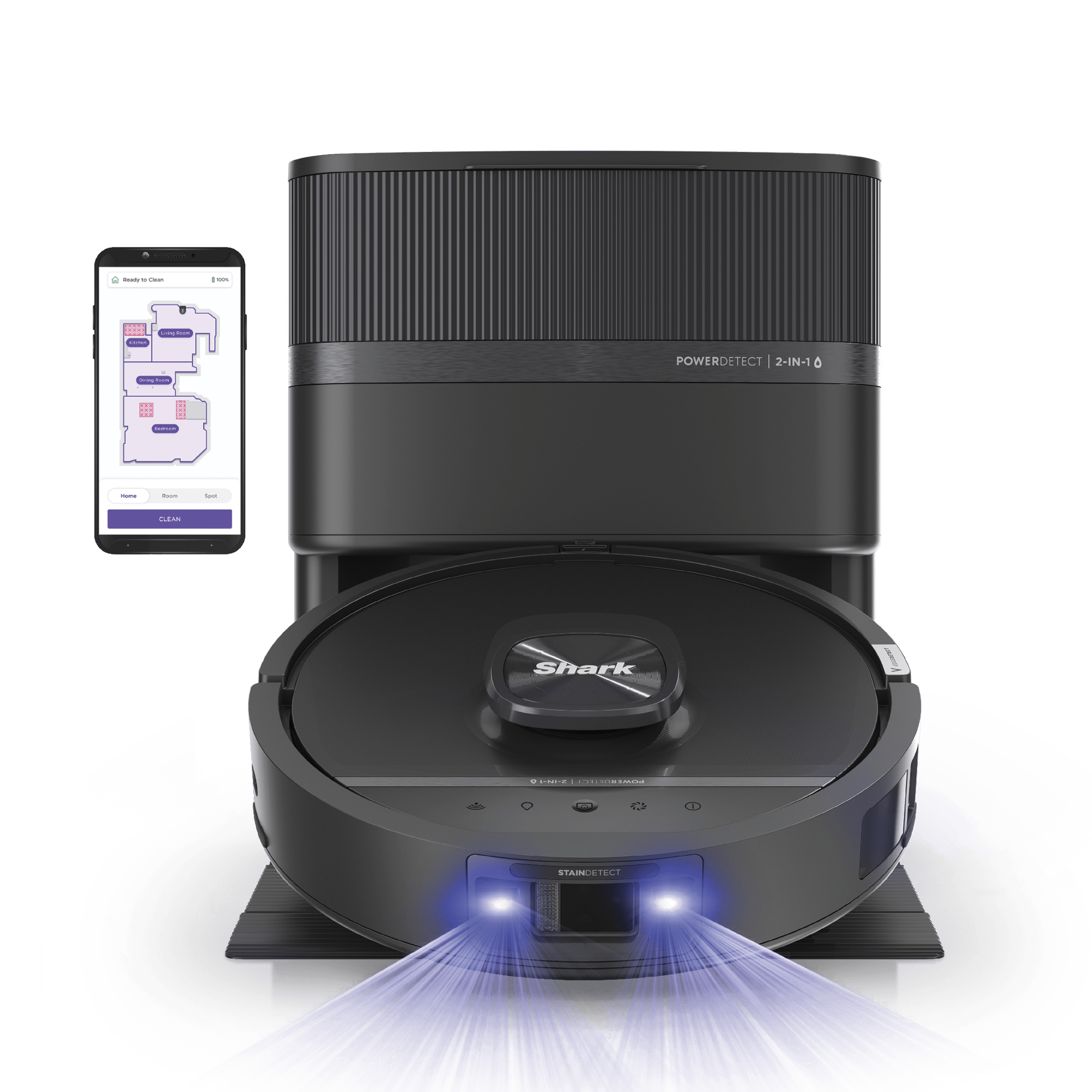 Shark PowerDetect UV Reveal RV3020XE robot vacuum and base in Black