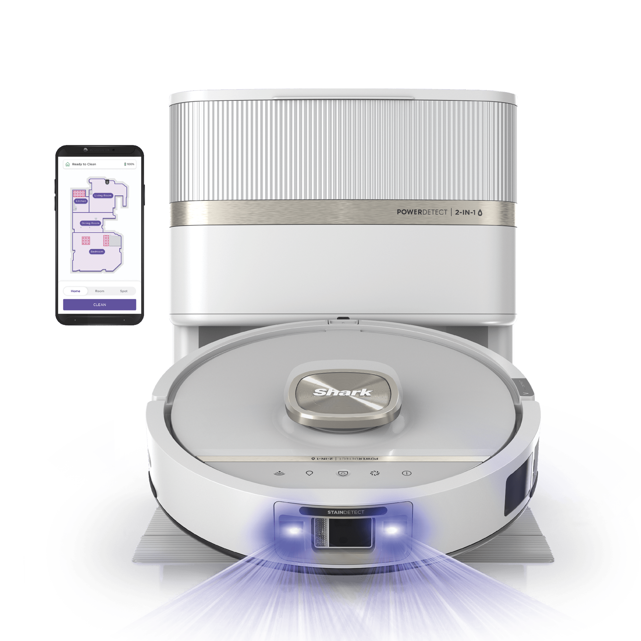 SharkNinja-rendered white RV3030XE robot vacuum and base; the UV beams and phone map are illustrative