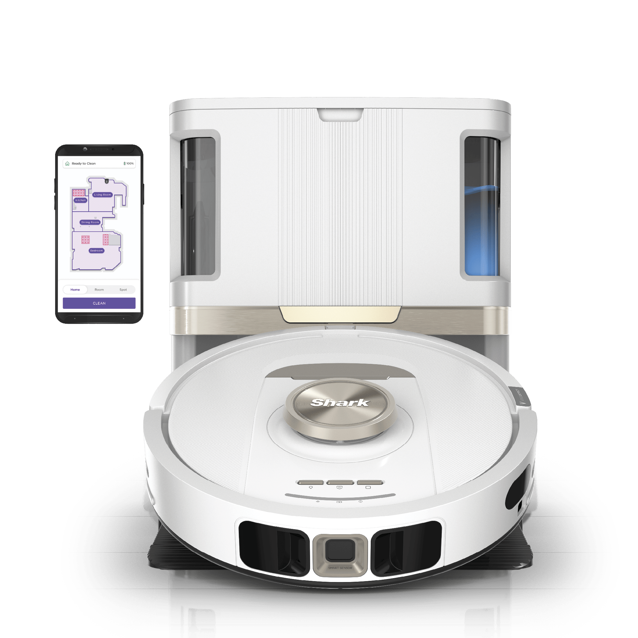 Shark Stratos RV2720ZE robot vacuum-mop and matching NeverTouch base; the phone and floor map are illustrative.